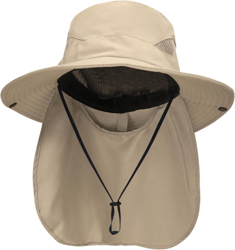 Sun Hats for Men Women with Neck Flap   UV Protection Wide Brim Bucket Hat Safari Hiking Fishing Hats Khaki（Neck Flap）