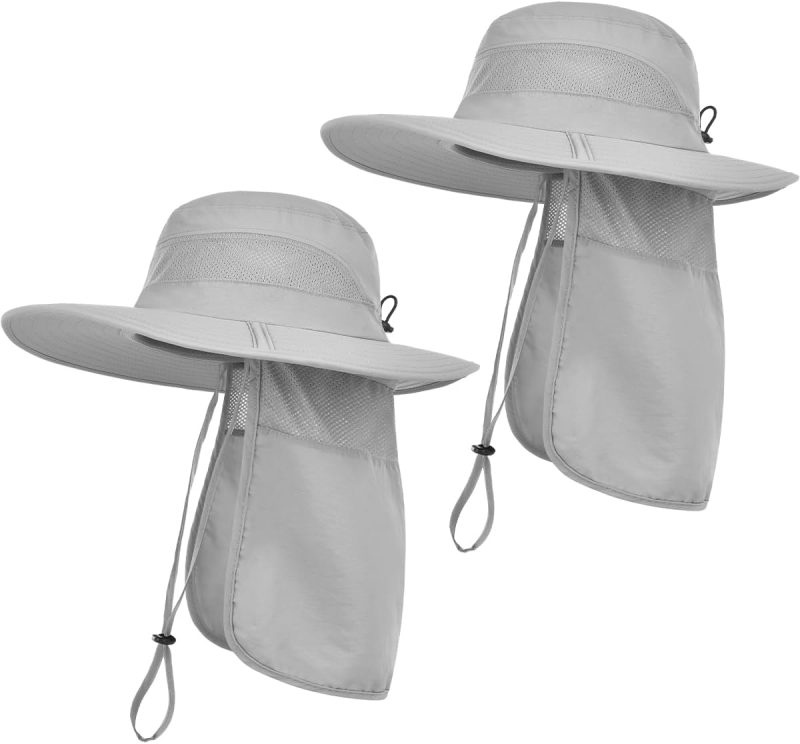 2 Pack Mens Sun Hat UV Protection Wide Brim Bucket Safari Foldable Hats with Neck Flap for Fishing Gardening