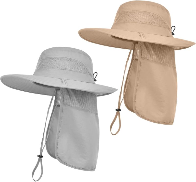2 Pack Mens Sun Hat UV Protection Wide Brim Bucket Safari Foldable Hats with Neck Flap for Fishing Gardening
