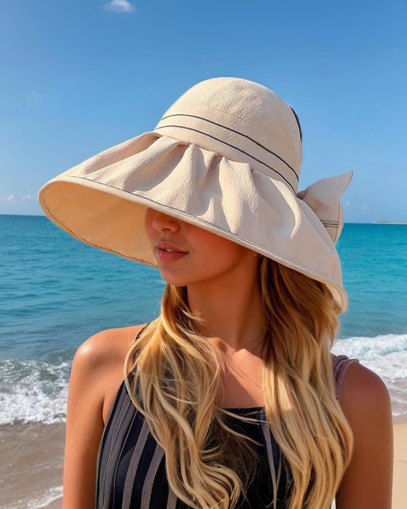 Sun Visor Hats for Women Wide Brim UV Protection Packable Foldable Floppy Beach Hat Ponytail for Travel Summer - Image 2