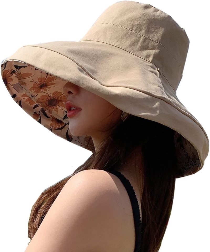 Women Reversible Bucket Hat UV Protection Packable Travel Cap Wide Brim Sun Hats