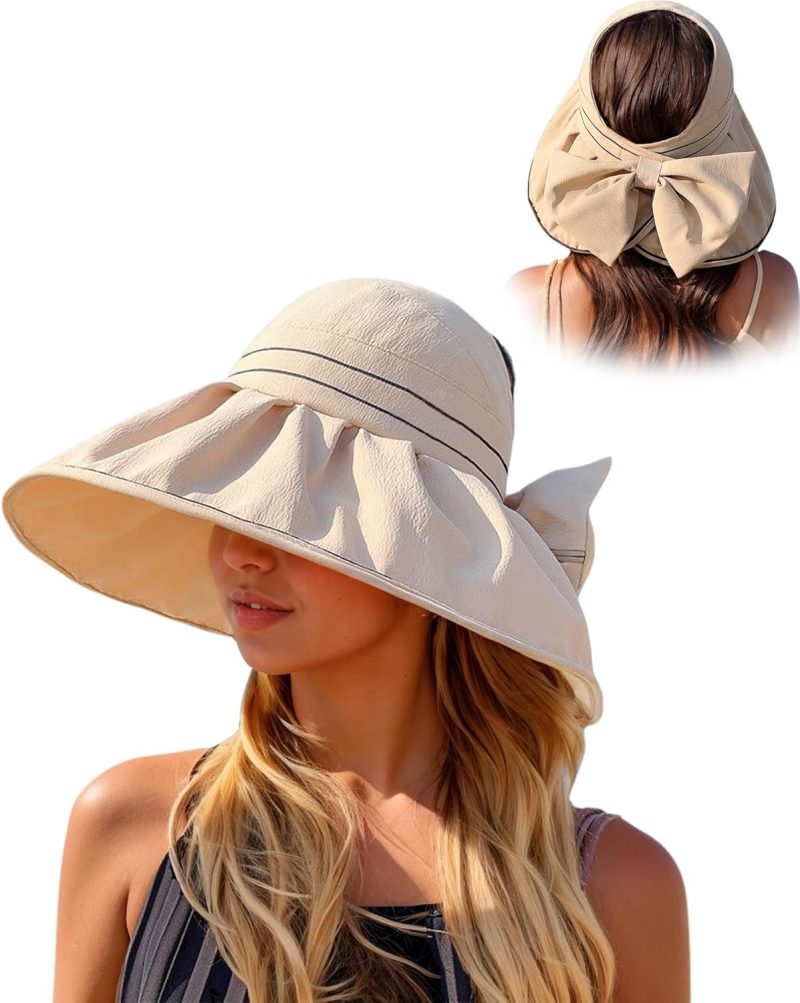 Sun Visor Hats for Women Wide Brim UV Protection Packable Foldable Floppy Beach Hat Ponytail for Travel Summer