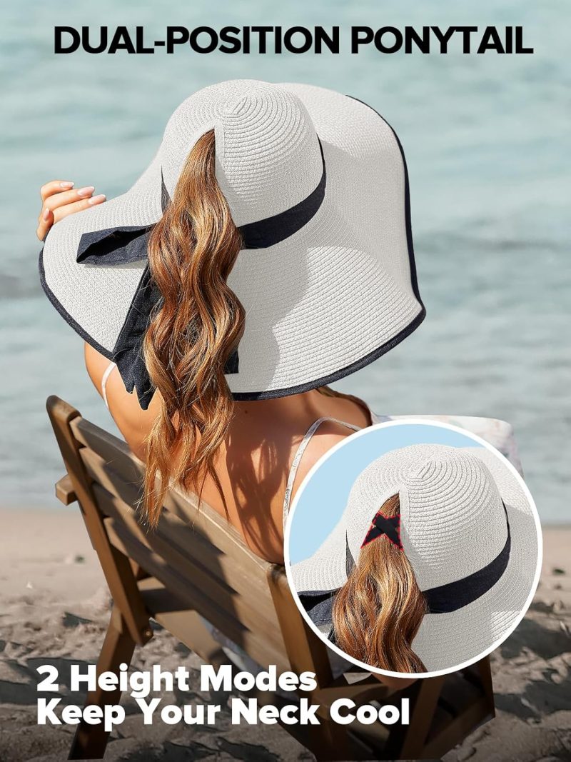 Sun Hats for Women with Ponytail Hole, Wide Brim Beach Hats for Women, Floppy Straw Hat Foldable, Packable Summer Hats Women - Image 2
