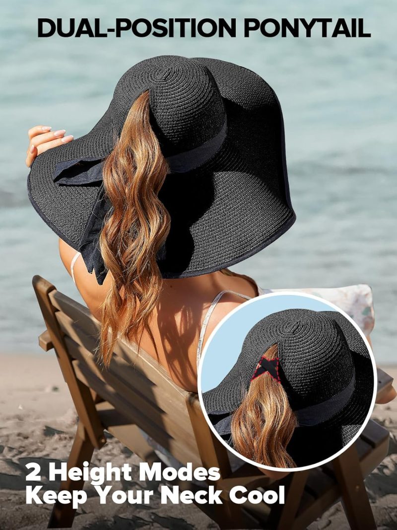 Sun Hats for Women with Ponytail Hole, Wide Brim Beach Hats for Women, Floppy Straw Hat Foldable, Packable Summer Hats Women - Image 2