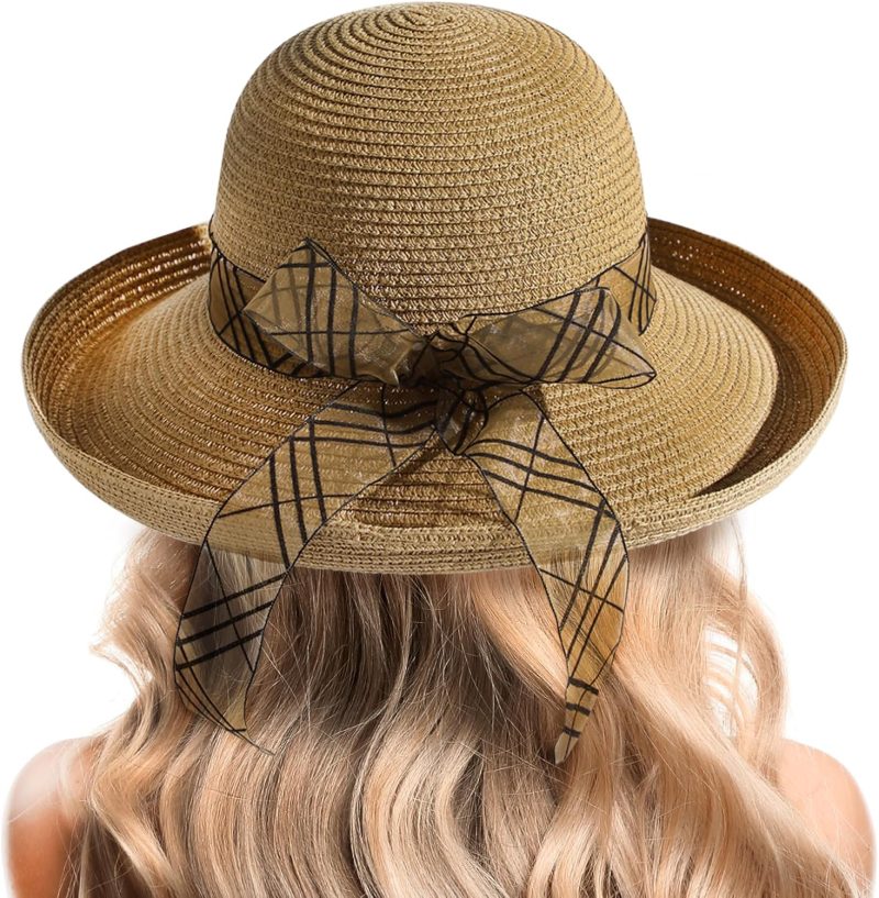 Beach Sun Hats for Women - Wide Brim Straw Women Summer Hat with Wind Lanyard Roll Up, Foldable Beach Hat UV Protection