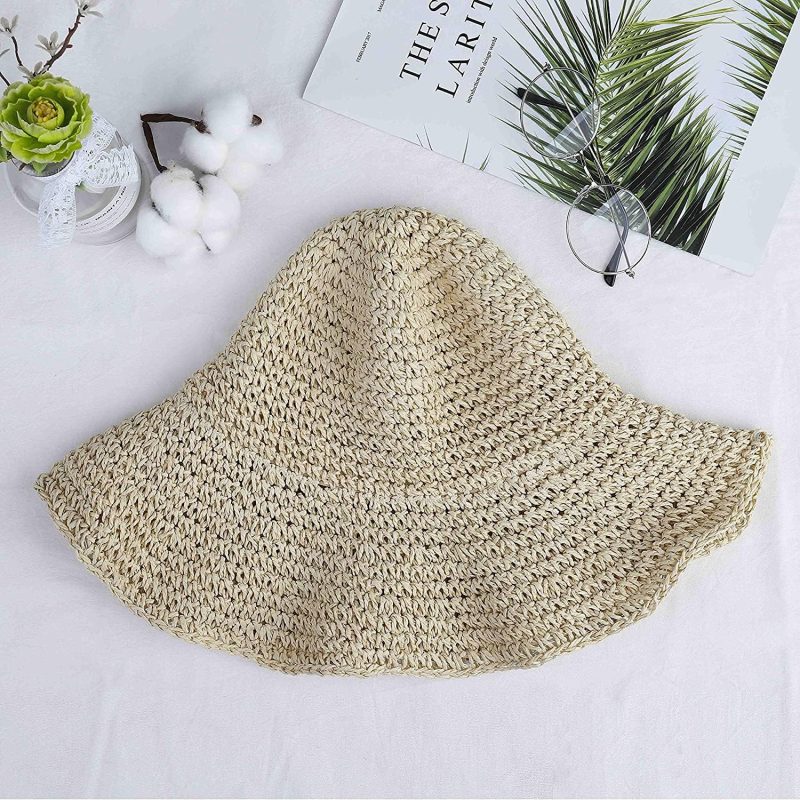 Women Straw Hat Wide Brim Beach Sun Cap Foldable Large Lady Floppy 100% Natural Paper Braided for Travel Decoration Summer Vacation Soft Lightweight and Breathable (Beige) - Image 2